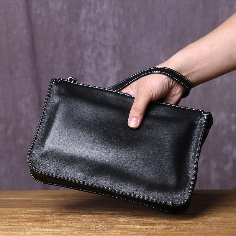 Original Genuine Leather Zippered Hand Bag For Men With Large Capacity Head Layer Cowhide Casual Versatile Mobile Phone Bag