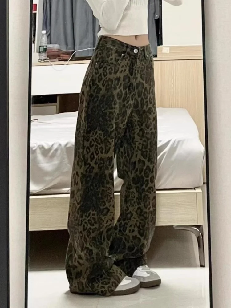 

Ретро-американские джинсы с леопардовым принтом и высокой талией, прямые широкие брюки, женские новые осенние свободные универсальные джинсы Hi...