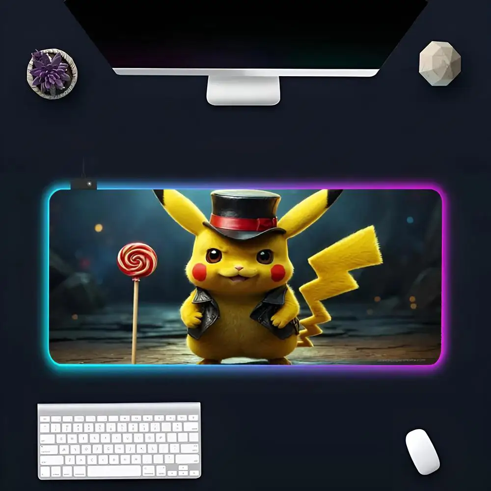 Anime Game P-Pikachu MINISO Mouse Pad RGB Gaming Mousepad LED Large Gamer Mousepads XXL Keyboard Pads Luminous Desk Mat Backlit