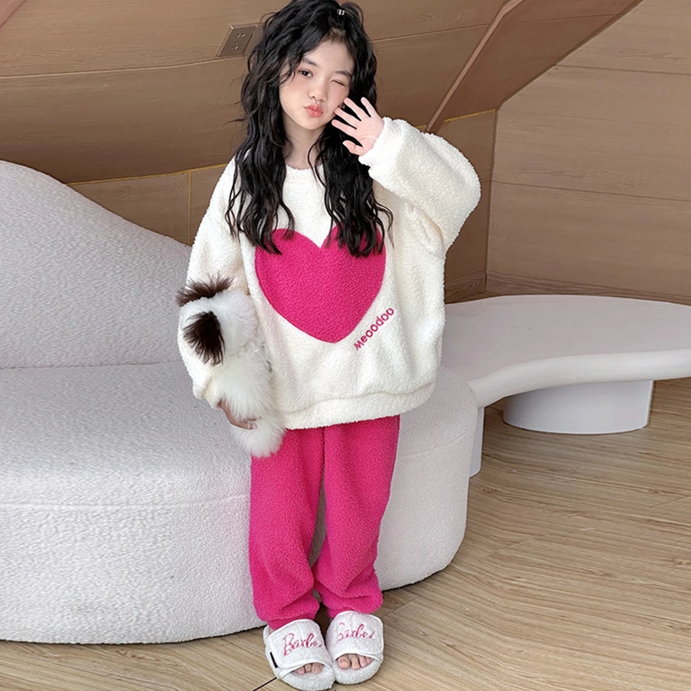 Heart Print Graphic Plush Girls Pajamas for Children's Pajamas Christmas Autumn Winter Sleepwear Set Warm pajama Girl Loungewear