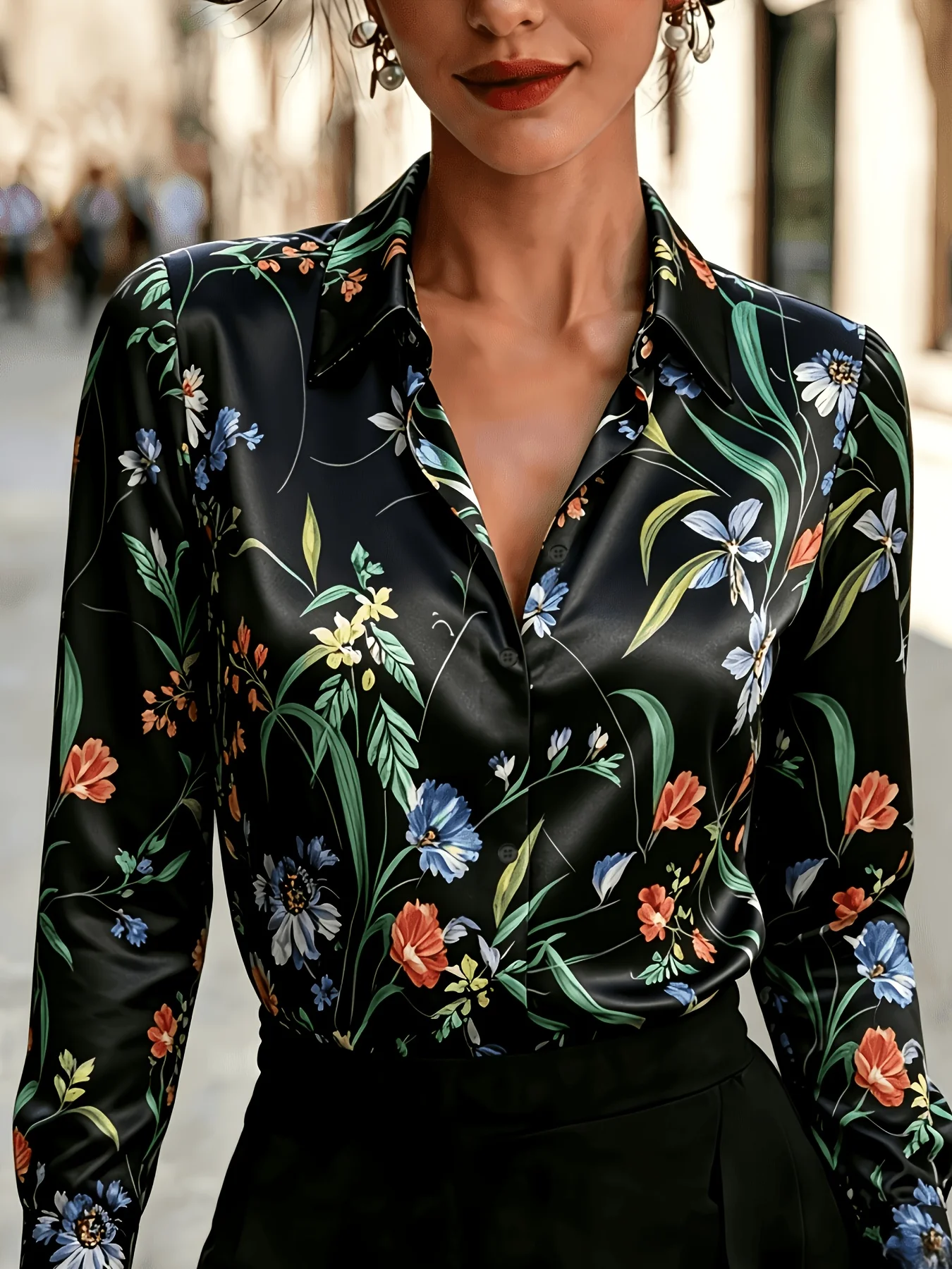Women Vintage Floral Gradient Print Lapel Collar Long Sleeve Shirt Loose Button Down Office Elegant Blouse Tops 5