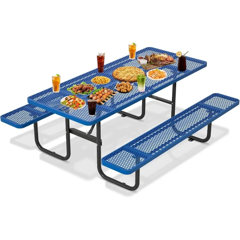 

Стальной стол для пикника на открытом воздухе, коммерческий металлический стол для пикника с отверстием для зонта, прочный прочный стол для пикника