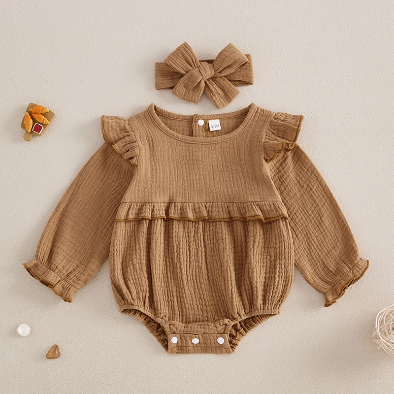 Newborn Infant Baby Girl Clothes Cotton Linen Long Sleeve Smocked Bubble Romper Ruffle Bodysuit Jumpsuit Fall Outfit