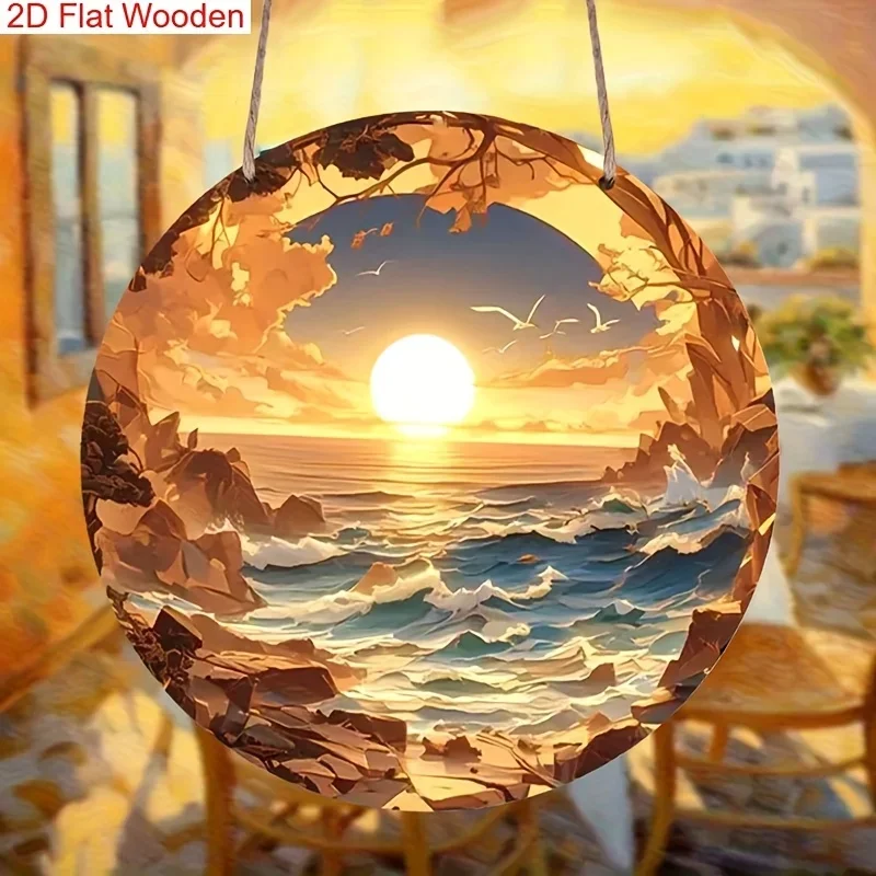 1 rustikales Sonnenuntergang-Strandschild aus Holz – flaches 2D-Design mit lebendigen Ozeanwellen und Wildblumen, batterielose Heimdekoration für die Küste