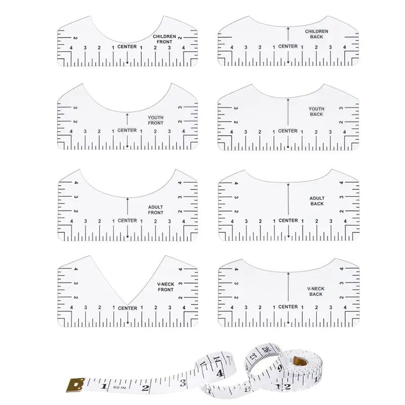 A02M-V-Neck/Round Ruler For T-Shirt Guide To Center For Alignment, Front And Back Measurement For Children Youth Adult