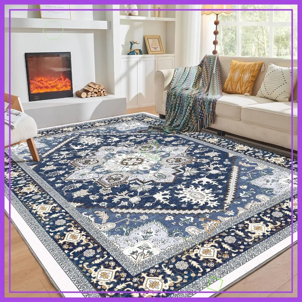 

Моющиеся ковры 8x10 футов с нескользящей основой, имитация кашемира, низковорсовый ковер в цветах темно-синий и золотой