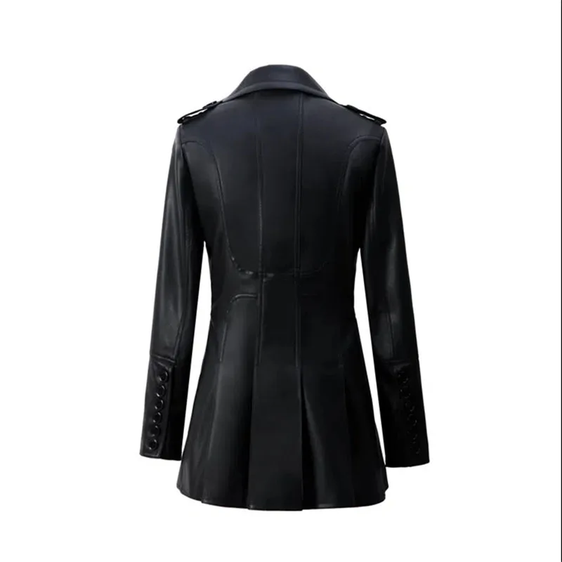 2022 Spring Autumn Chaquetas New Leather Coat Women\'s Mid-Long Leather Trench Coat Fashion Double Breasted Black Leather Jacket