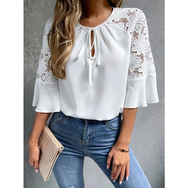 T-shirt femme blanc manches sept-quarts dentelle couture sangle col rond couleur unie chemise femme