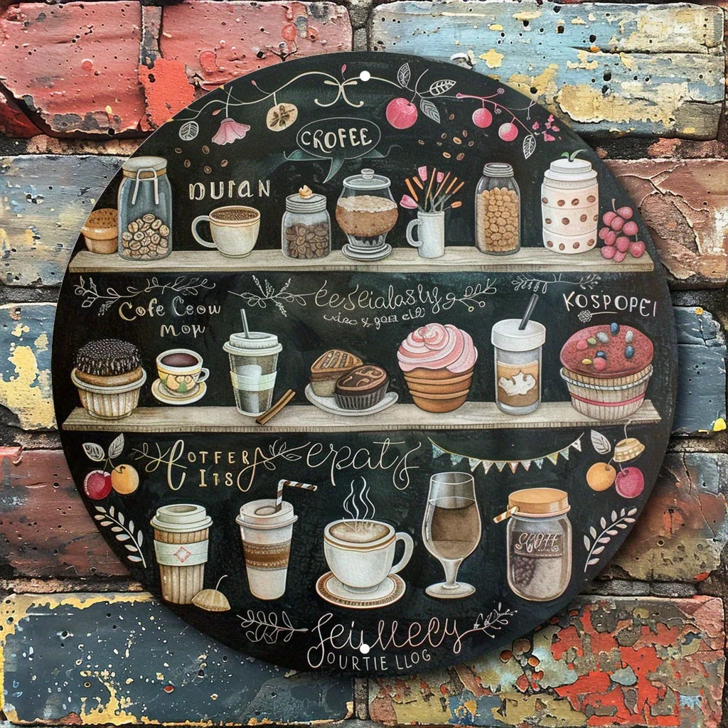 Kaffee und Gebäck im Kreidetafel-Stil, rundes Metallschild, 2D flach bedruckte Vintage-Café-Kunst-Blechplakette, skurriles Bäckerei-Regal-Design
