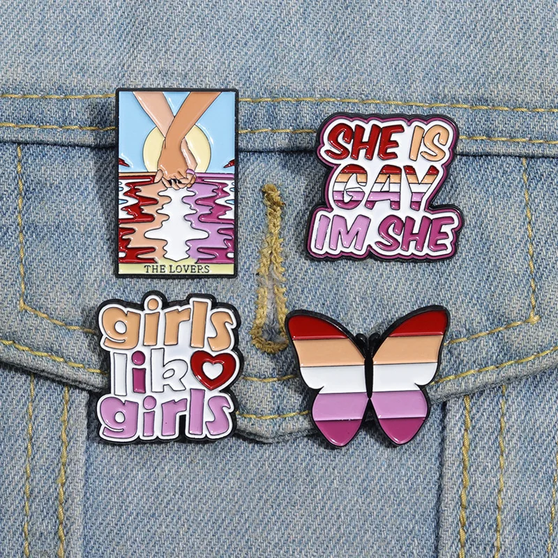 Girls Like Girls Enamel Pin LGBTQ Pride Homosex She Is Gay Im She Rainbow Heart Brooch Lapel Backpack Badge Jewelry Gifts