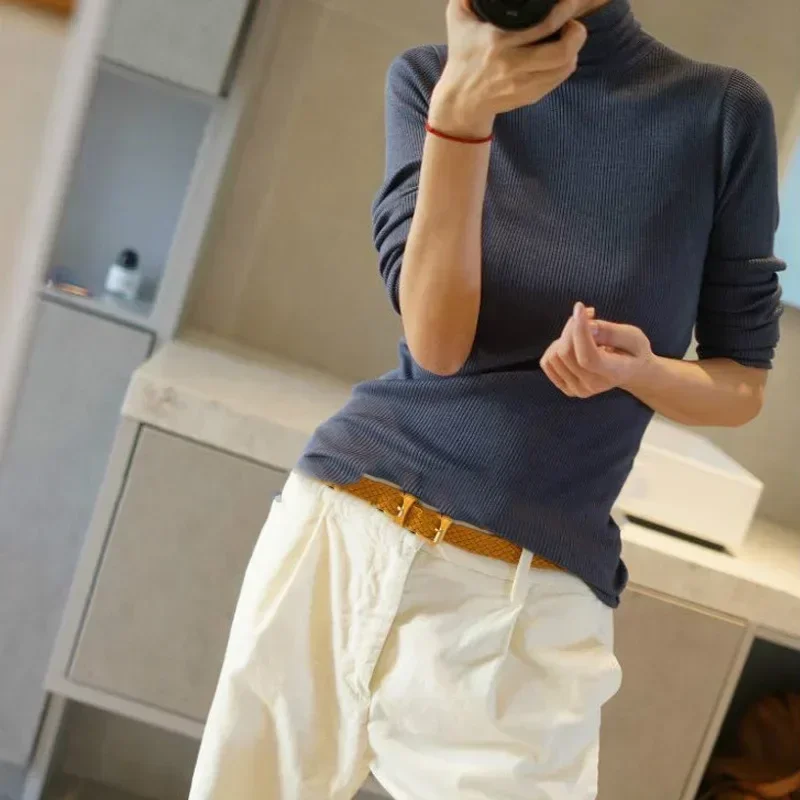 Autumn New Women's Thin Worsted Wool Top Close-fitting Base Pile Collar Wool Sweater Women Slim Knitted Long Sleeve Top