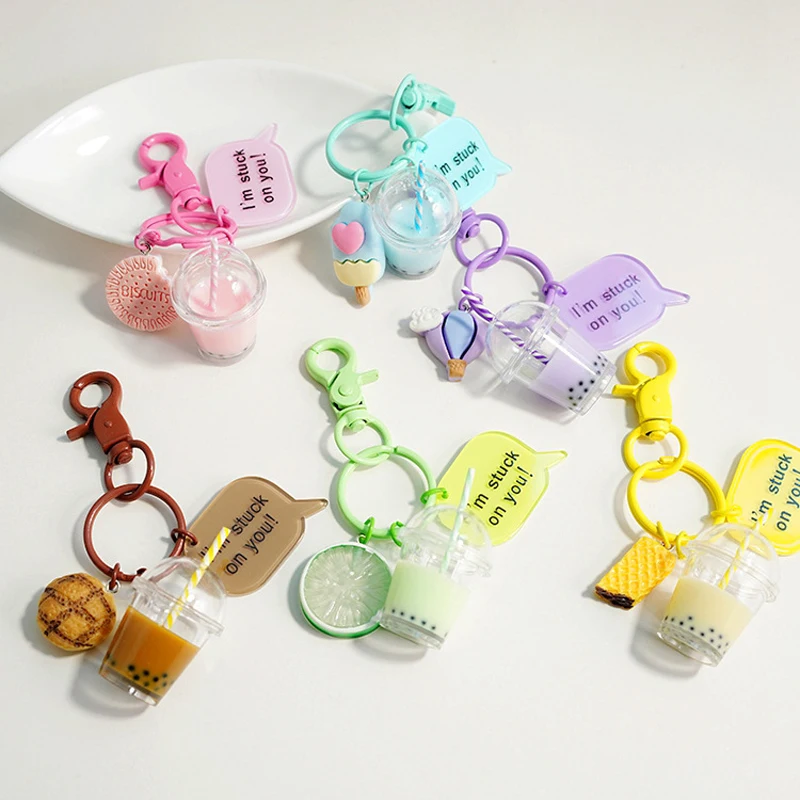 Cartoon Into Oild Pearl Milk Tea Bear Floating Liquid Keychain For Girl Bag Pendant Cute Mug Drink Bottle Keyring Key Charm Gift