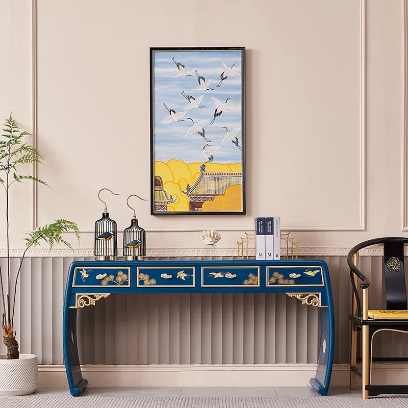 

New Chinese blue painted crane original solid wood nave table furniture entrance foyer entrance cabinet table case