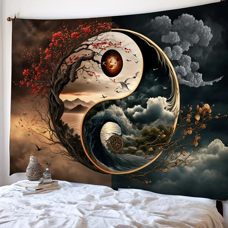 VIKAMA Yin Yang Nature Tapestry Tree of Life Landscape Wall Hanging Aesthetic Background Cloth for Home Decor