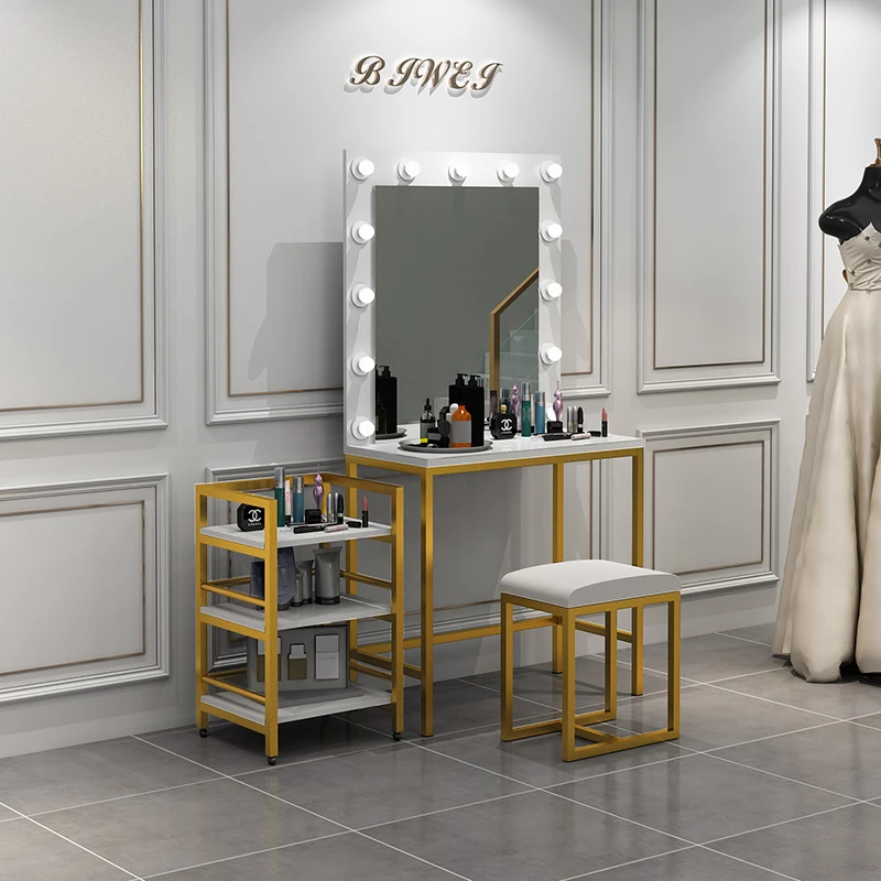 Dresser studio with lamp mirror professional makeup wedding dress shop dresser beauty salon makeup artist special makeup table.