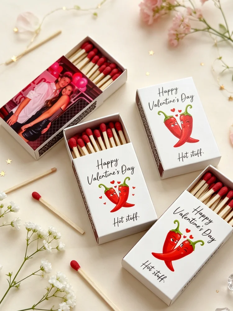 Hot Stuff Personalized Valentine Matchbox Favors, Custom Photo Matchbook, Funny Valentine’s Day Keepsake Gifts for Him & Her