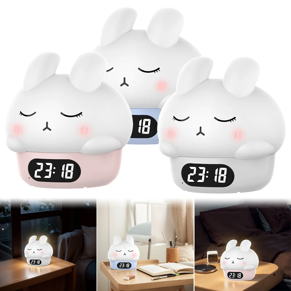 Cartoon Rabbit Lamp Warm Light+RGB Bedside Creative Animal Pat Lamp with Alarm Clock 1200mAh Touch Sensor LED Rabbit Night Light