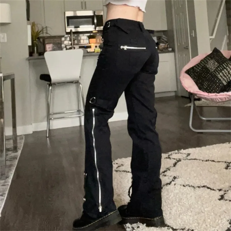 Retro Straight Jeans for Women, Aesthetic Dark Goth Pants, Vintage Y2K Style Streetwear, Casual Denim Trousers, Punk Style