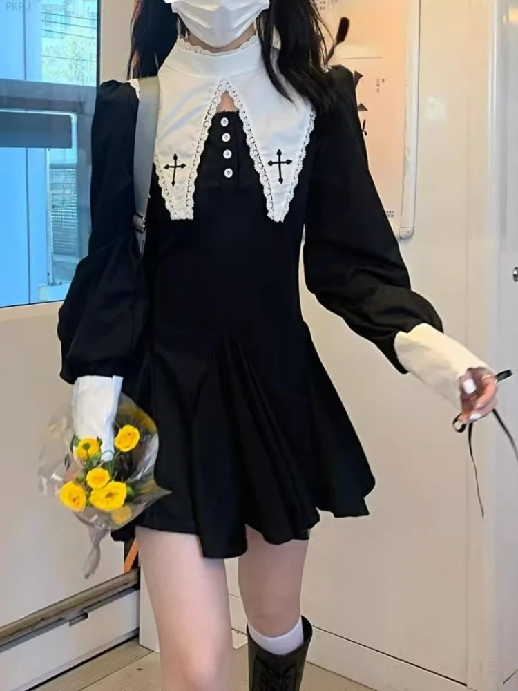 Black Japanese Elegant Party Mini Dress Women Bubble Sleeve Lolita Sweet Dress Female O-neck Korean Casual One-piece Dress 2024