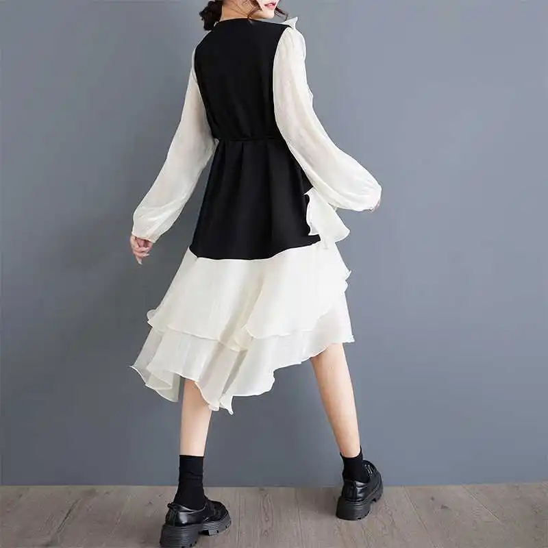 Chic Primavera Autunno Donna Filato netto Splicing Ruffles T-shirt Abito Allentato Patchwork irregolare Bordo di loto Tees Abito Top Abiti