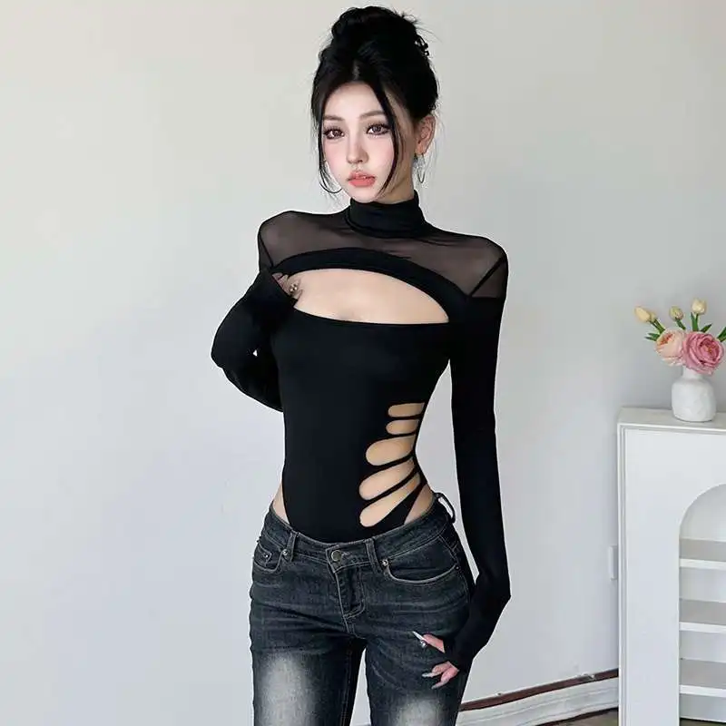 Blouse Jumpsuit T-shirt Women's Seductive High Neck Mesh Patchwork Asymmetrical Cut-out Fitted Long Sleeves Versatile Designer