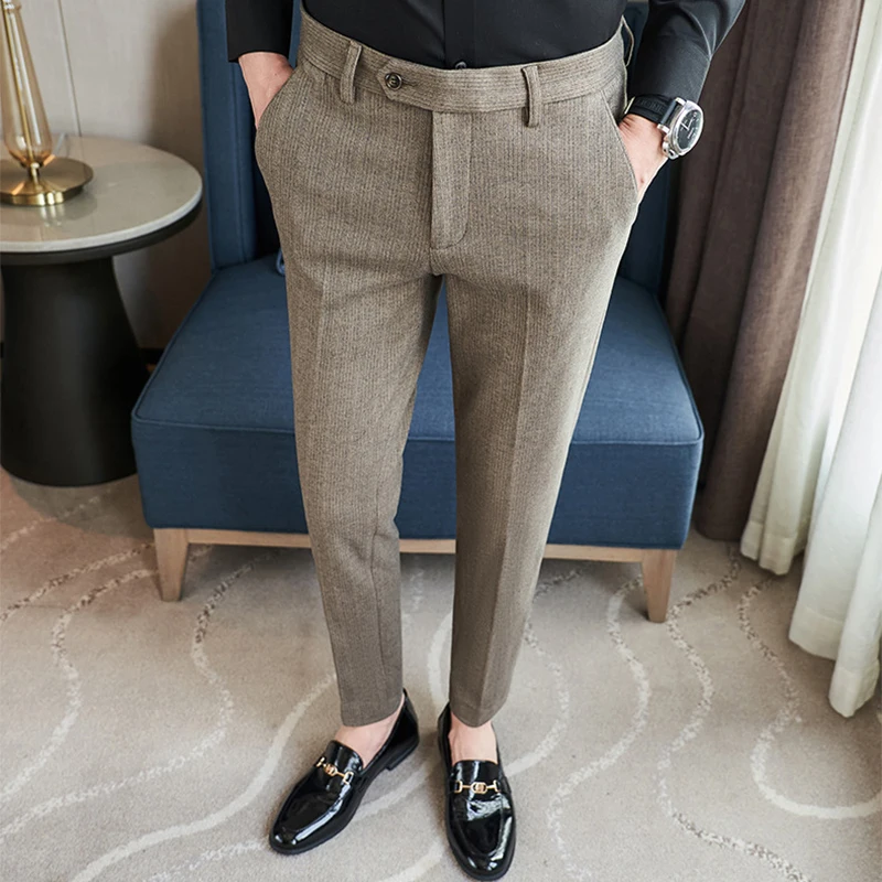 Office Business Casual Mens Trousers Autumn Vintage Striped Slim Fit Woolen Pants Men Winter Trendy Draped Straight Pants Naples