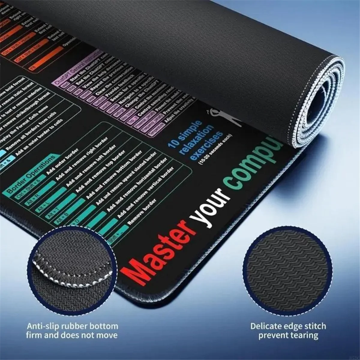 ABGN English Mouse Pad Excel Text Editor Cheat Sheet Shortcut Mousepad for Programing Non-Slip Desk Mat 40x90x0.3CM