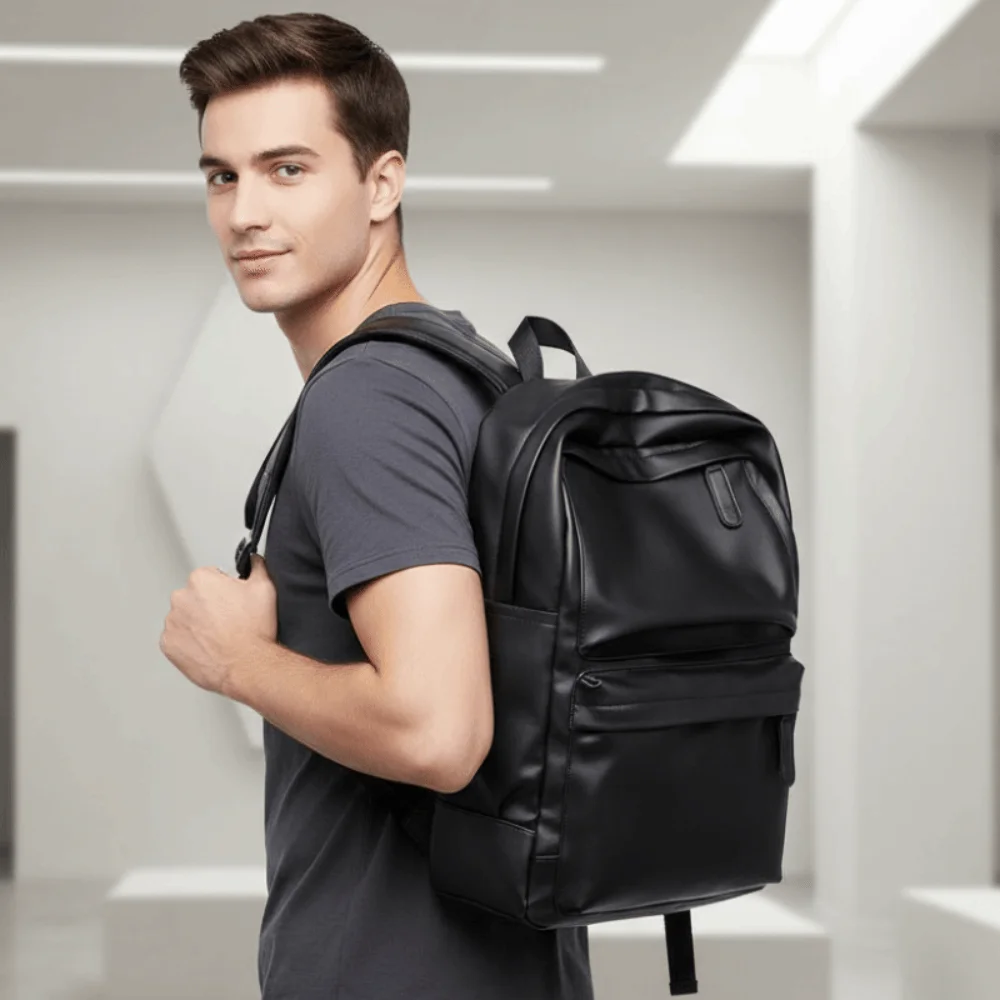 PVC Leather Backpack Men Padded Shoulder Strap Hidden Zipper Pocket Laptop School Bag Dual Side Slot Black Finish