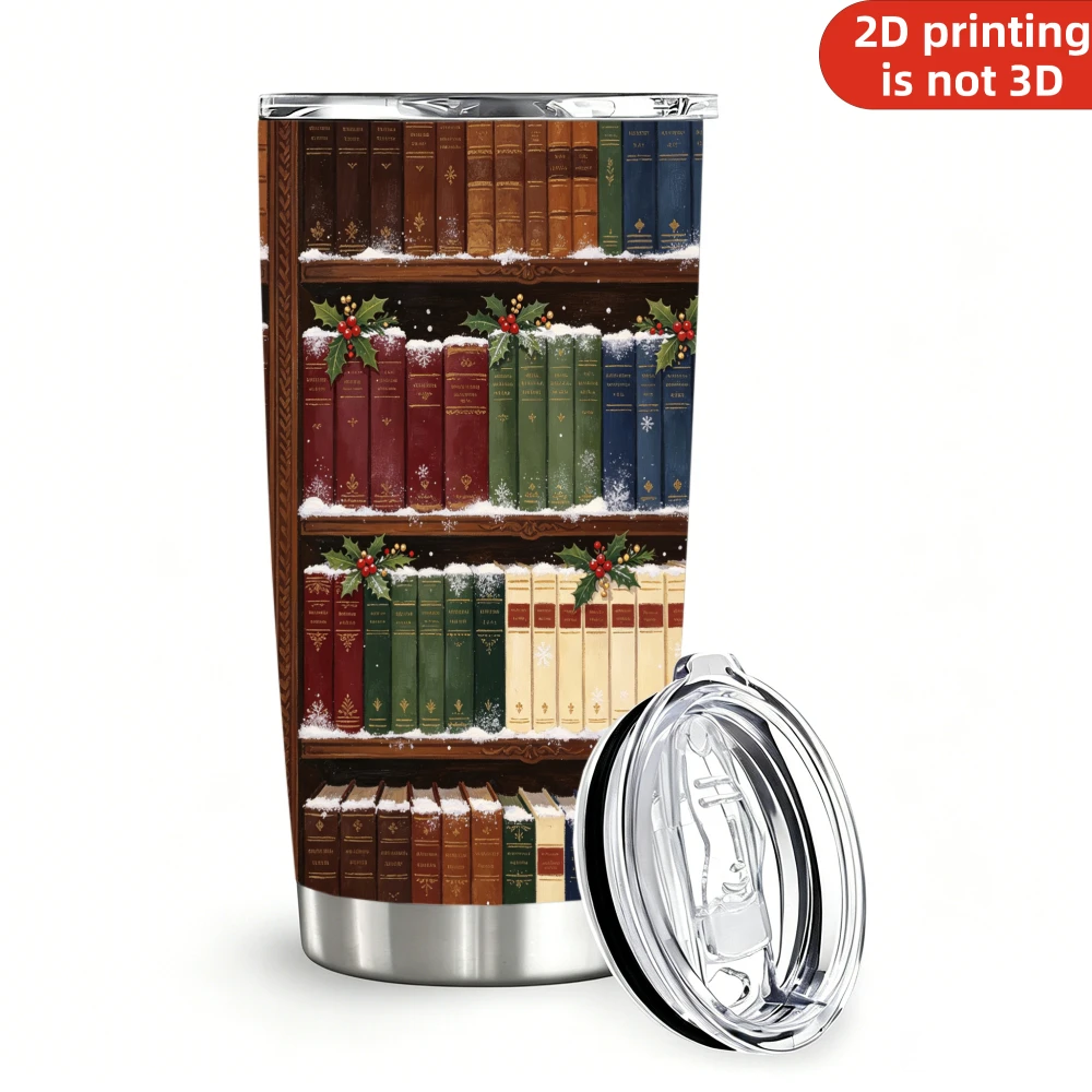 20oz Christmas Vintage Library Books Stainless Steel Tumbler with Lid and Straw, Vacuum Insulated Double Wall Car Cup Holder Friendly Travel Coffee Mug