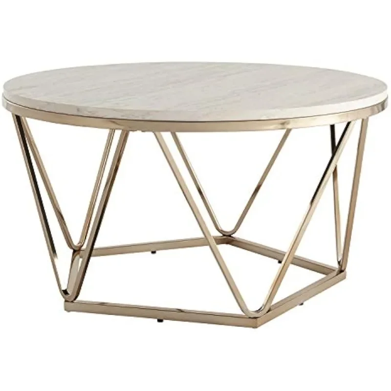 Faux Stone Round Coffee Table for Living Room Furniture, Hold up to 40 Pounds,33D x 33W x 17.75H,Champagne