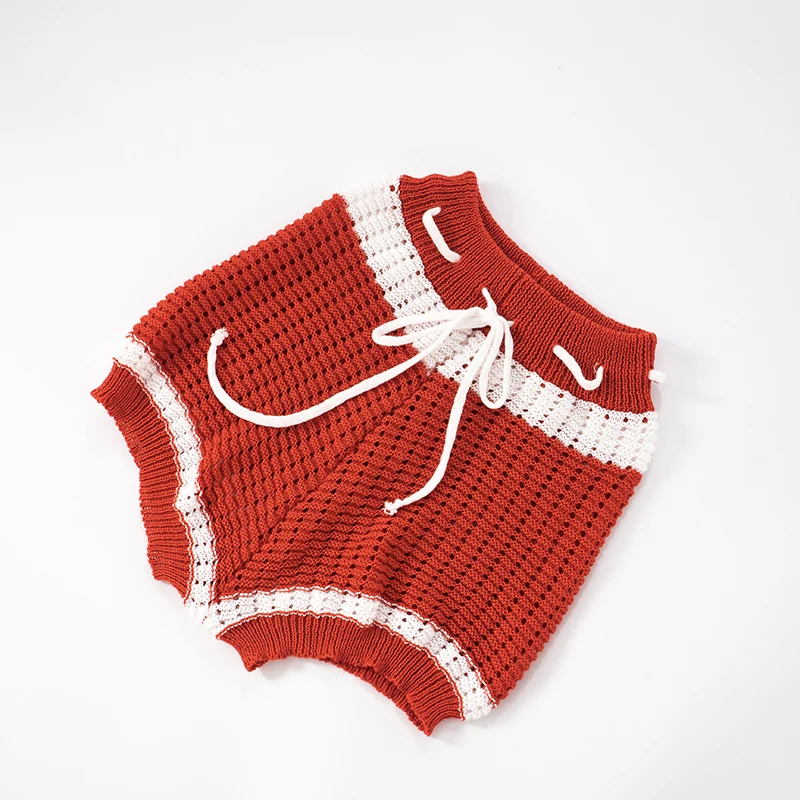 CUTENOVA Damen-Set aus Wolle, gestrickt, mit Kordelzug, Krawatte, kontrastierende Farbe, Streifen, trägerlos, aushöhlen, Tank-Top + dünne Shorts, zweiteiliges Set