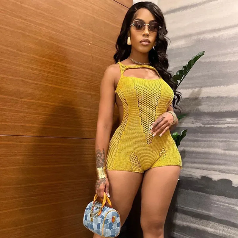 

Sexy Hollow Out Knitted Party Playsuit Women Rompers and Jumpsuits Open Back Sleeveless Skinny Beach Outfits Combinaison Short