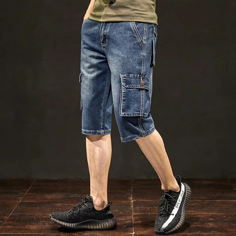 Men's Multi Pocket Cargo Denim Shorts Loose Fit Hip Hop Streetwear 7 Capri Pants Summer Casual Baggy Jeans