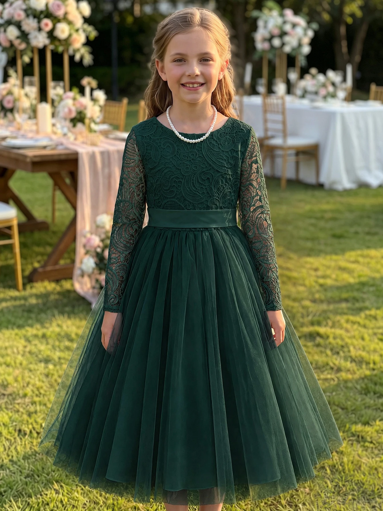 Girls Long Sleeve Lace Dress Round Neck Cinched Waist Tulle Big Swing Princess Gown Wedding Flower Girl Piano Performance Dress