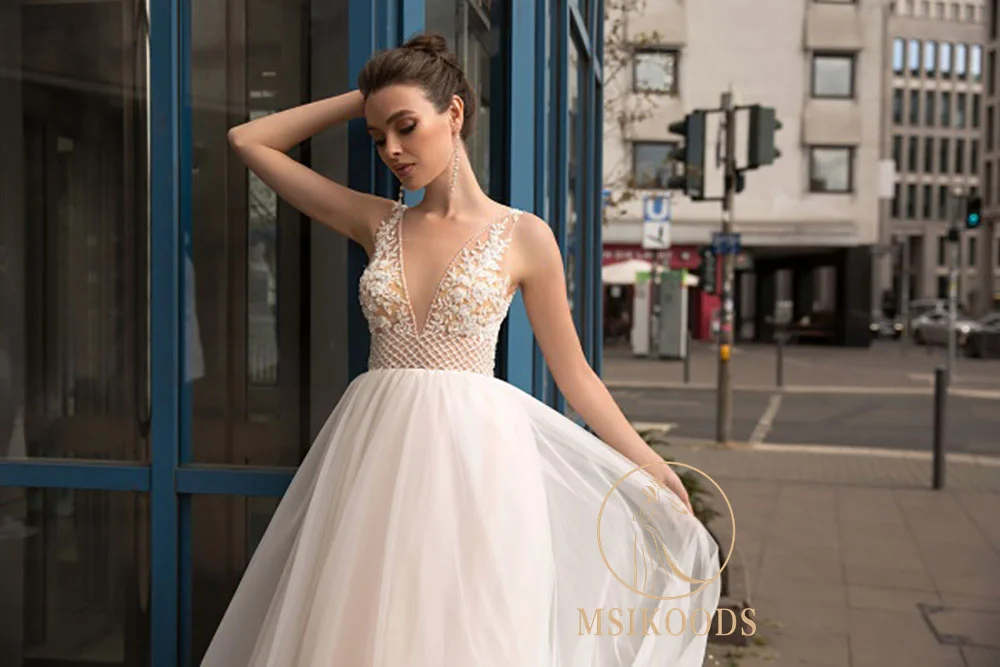 Msikoods Boho A-Linie Brautkleider 2025, mit Perlen verziert, tiefer V-Ausschnitt, Spitze, Applikationen, Brautkleid, luxuriöses Tüll-Brautkleid, individuell gestaltet