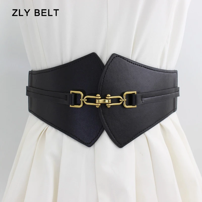 ZLY 2024 New Fashion Waistband Women Adjustable Elastic Golden Metal Buckle Dress Coat Style Casual Solid Luxury PU Leather Band