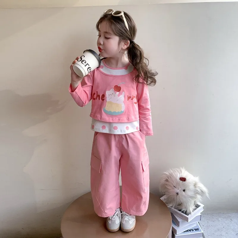 Girls' Korean Spring and Autumn Set 2026 New Style Children's Stylish Baby Girl T-shirt Vest Work Pants 3-Piece Set
