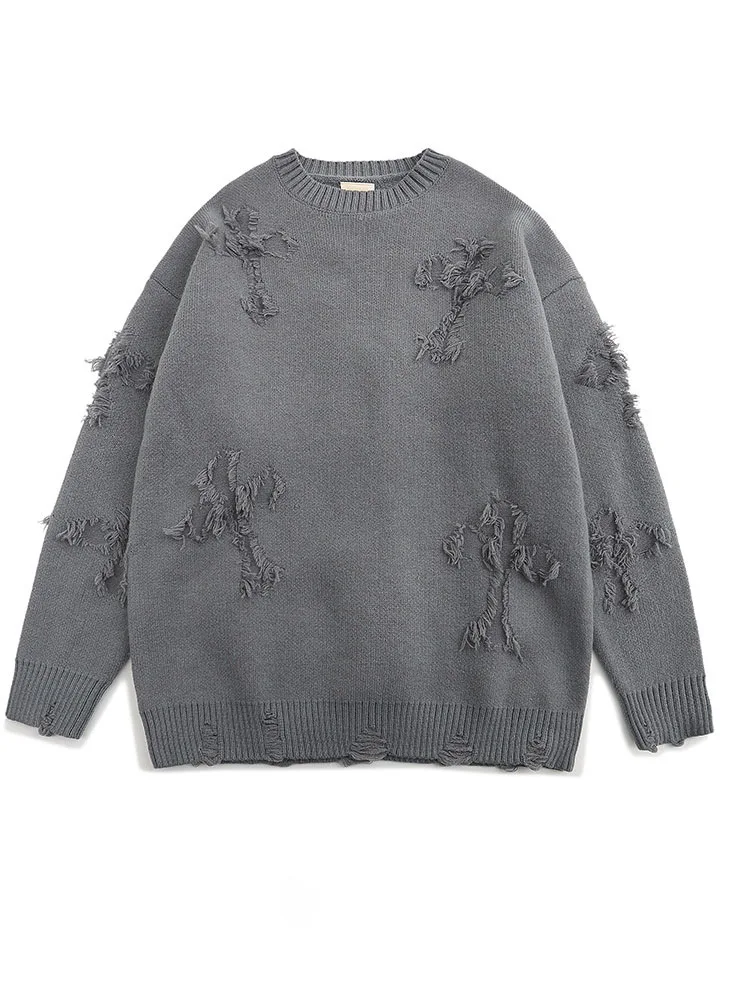 Ripped Tassel Crew Neck Sweater Men's Autumn and Winter New Loose Lazy Casual Knitted Sweater Top
