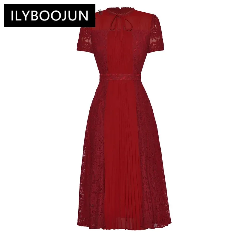 

ILYBOOJUN 2024 Summer New Arrivals Fashion Runway Lace Ruched Design Solid Color Round Neck Princess Style Elegant Midi Dress