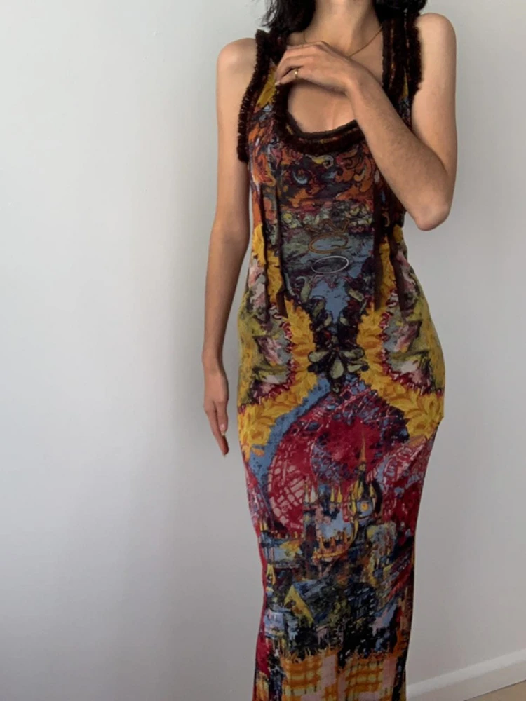 فستان لصق هندسي في القرون الوسطى ، مثير منخفض الرقبة ، فساتين تناسب ضئيلة ، الجوف خارج ، عارية الذراعين ، التعادل صبغ الطباعة ، ريترو أكمام تانك ، Bodycon