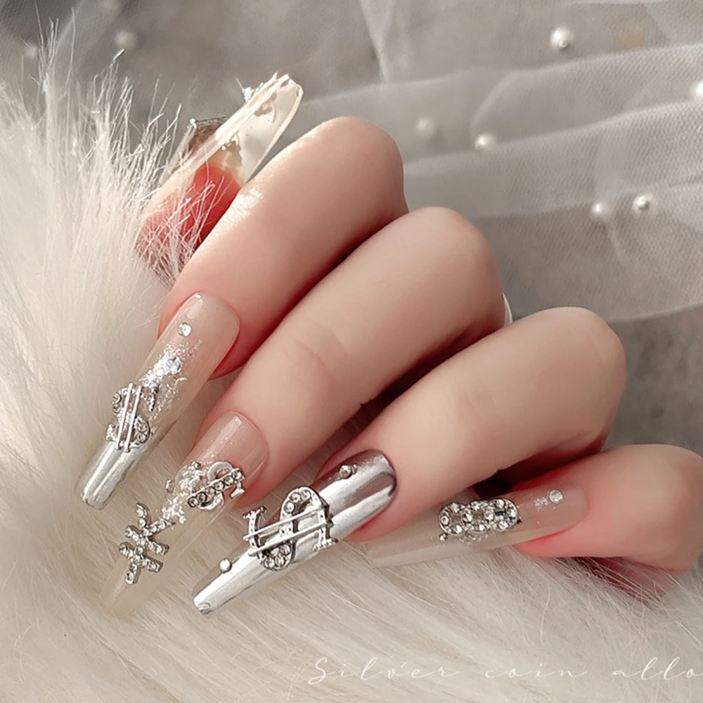 40 sztuk/opakowanie Ozdoby do paznokci w kształcie znaku dolara Srebrne Złote Pieniądze Metalowe Cyrkonie 3D Błyszczące Luksusowe Damskie Dziewczęce DIY Akrylowe Paznokcie
