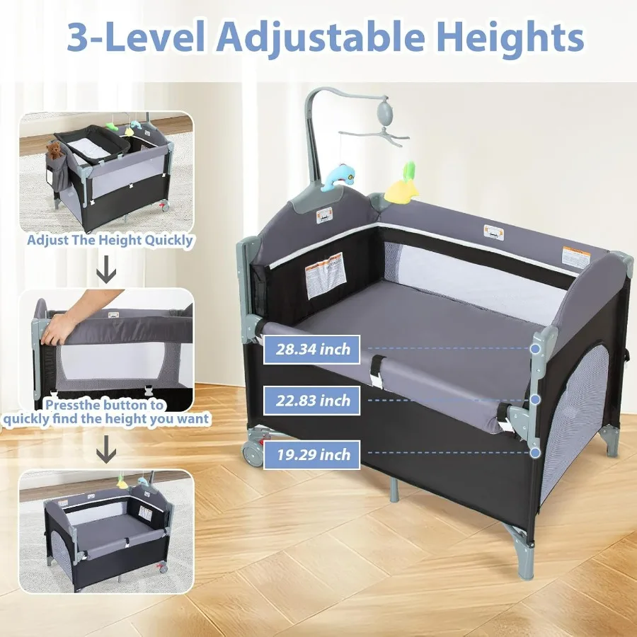 SIMPLGIRL 5in1 Culla per bambini Comodino per culla Confezione e gioco lungo accanto ai genitori Culla per letto Pieghevole Parco da gioco Letto da viaggio Infermiera