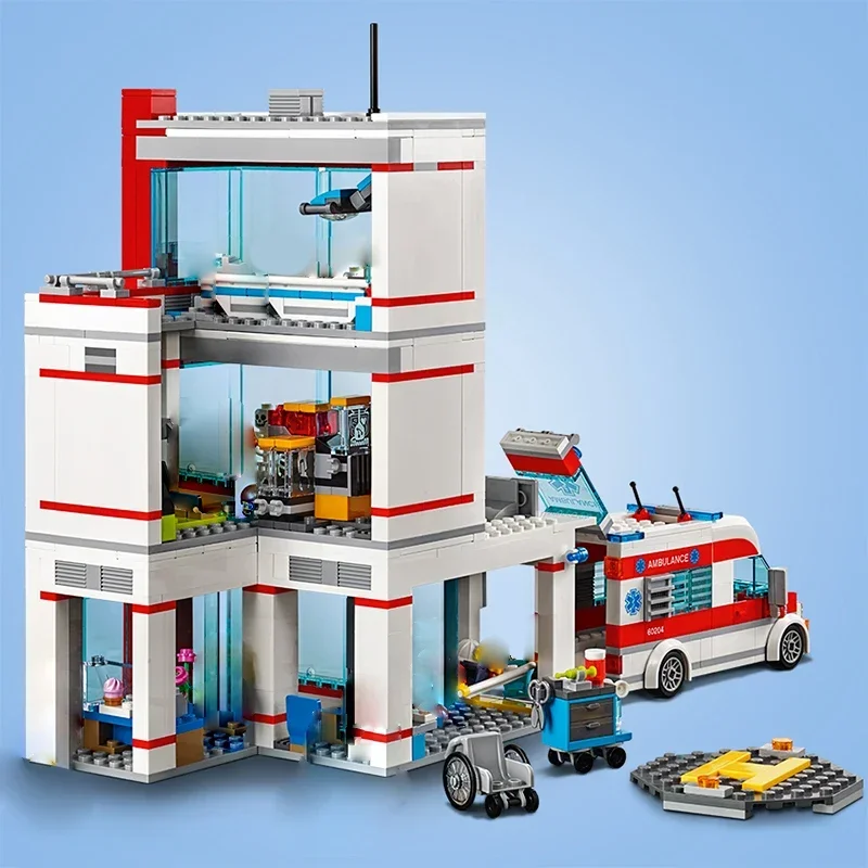 MOC مستشفى بناء المقر الرئيسي سيارة إسعاف الإنقاذ هليكوبتر اللبنات الإبداعية نموذج لعب الأطفال لغز هدايا الاطفال #1