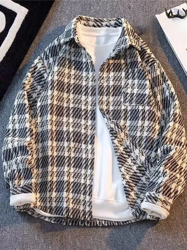 

Autumn Winter Plaid Woolen Men's Casual irt Couple's Faion Brand Breathable Loose Fit Polyester Long Sve Coat