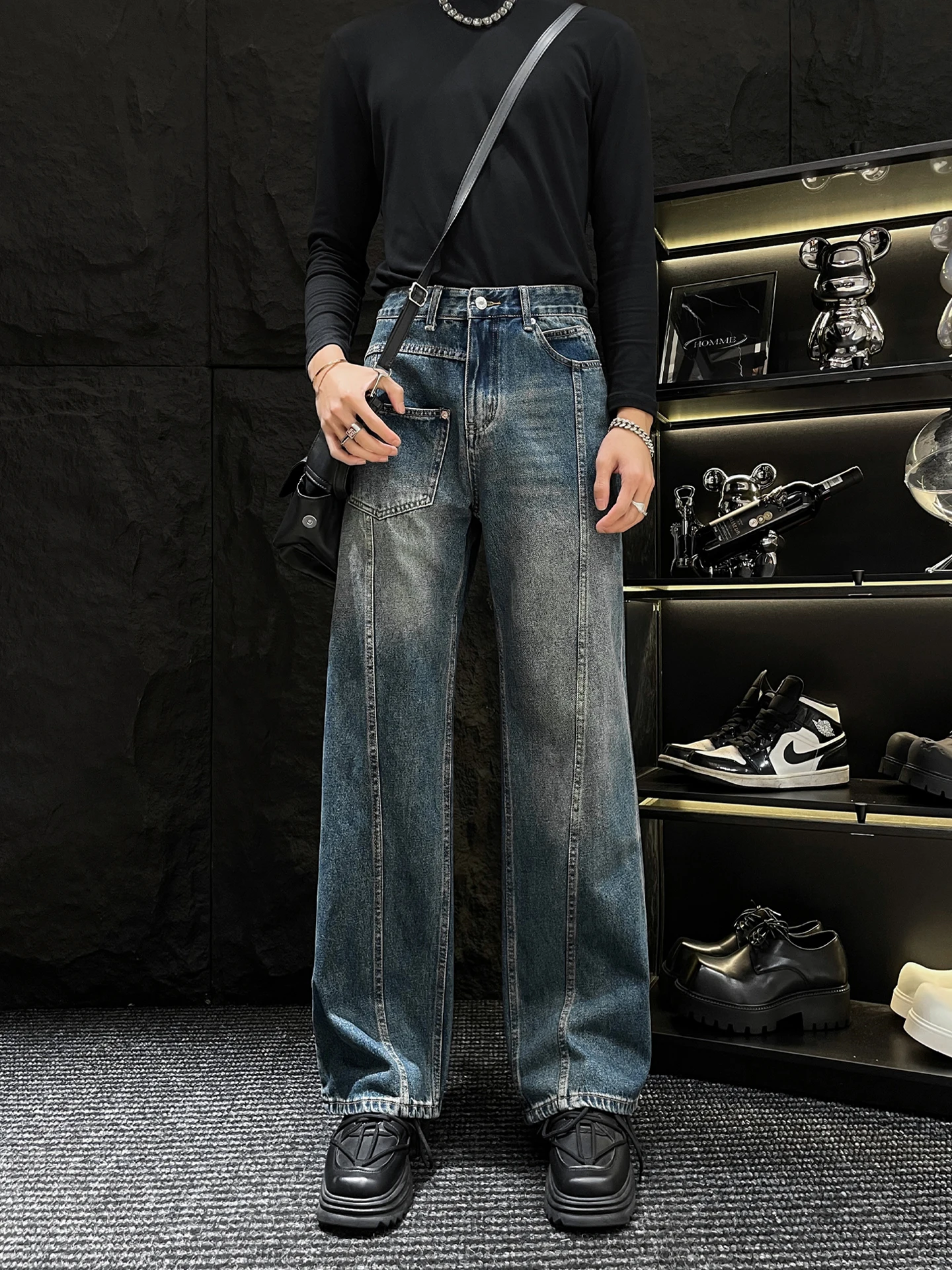 

HOMME мужские прямые широкие джинсы в стиле пэчворк деконструированный дизайн повседневные свободные джинсовые брюки молодежная мода