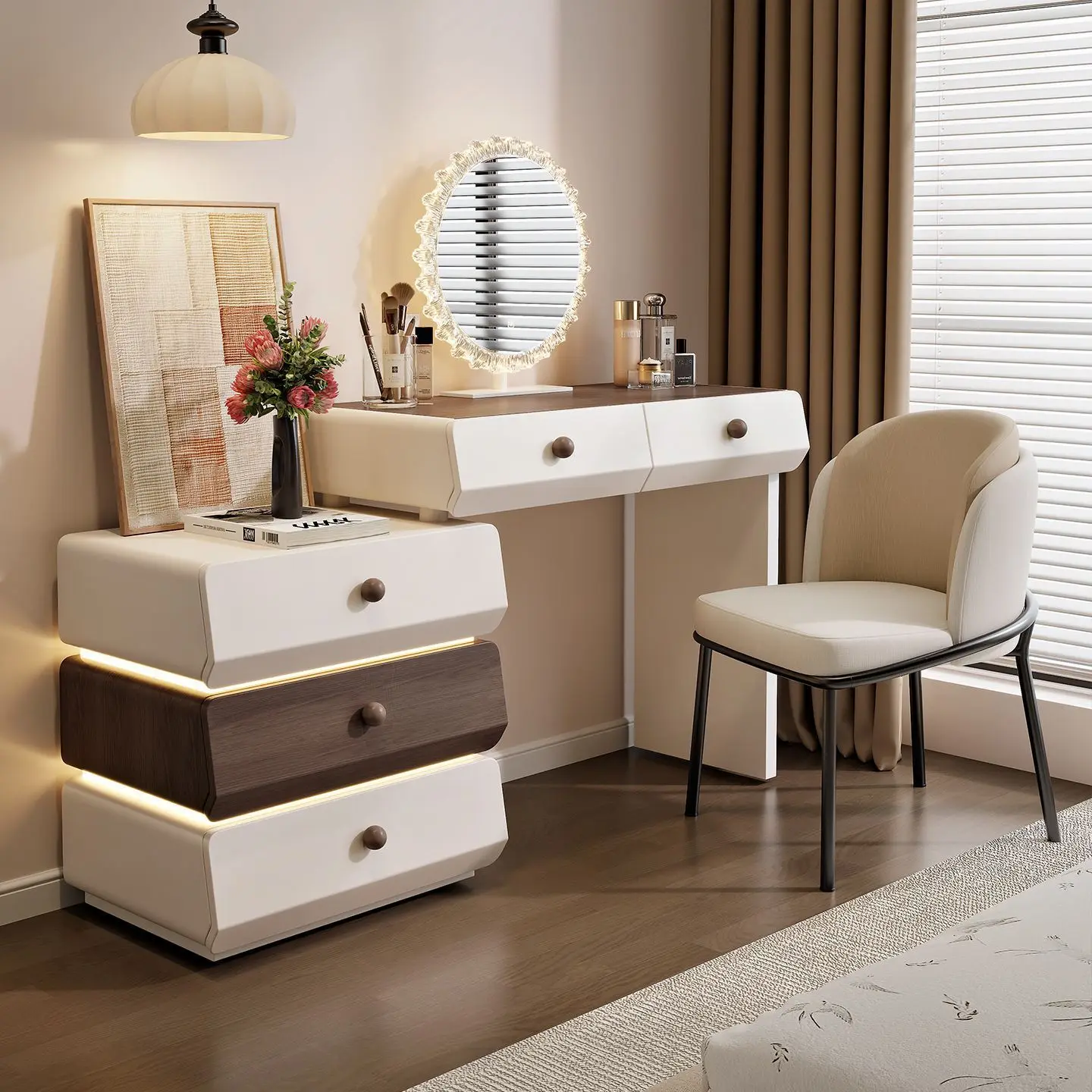 Vintage cream-style dressing table and dresser integrated bedroom, modern minimalist with ambient lighting, solid wood