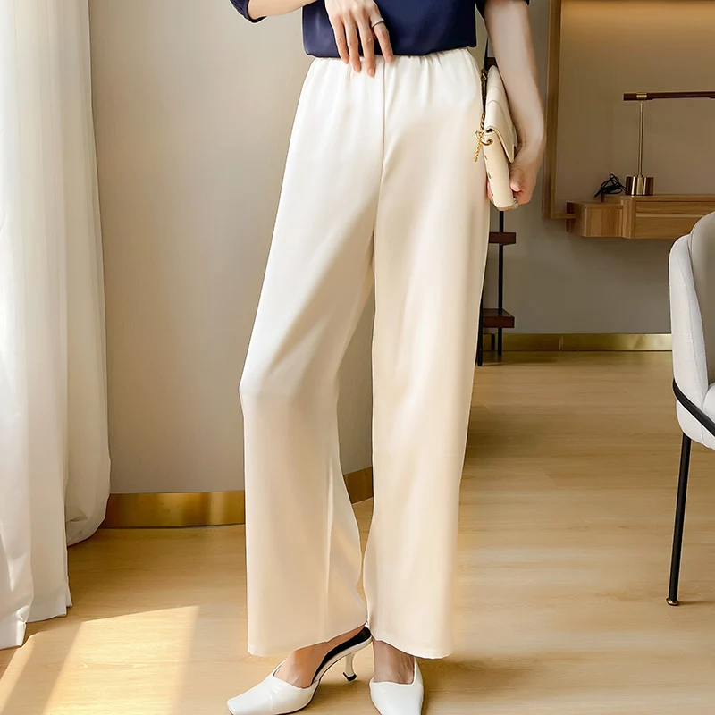 Summer New Silk Wide Leg Pants Women Loose Elastic Waist High End Lightweight Draping Casual Long Trousers Female
