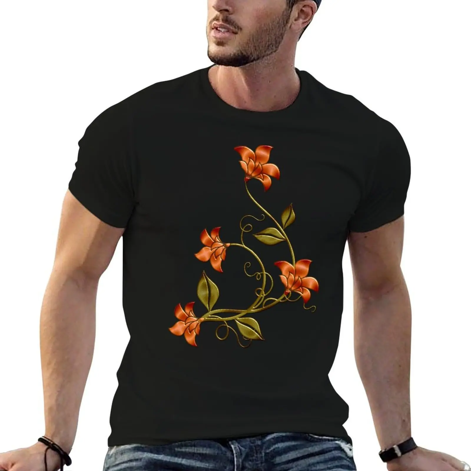 

Black Background Orange Lilies Floral Pattern T-Shirt black cotton t-shirt plain for man package man t shirts cotton T-Shirt