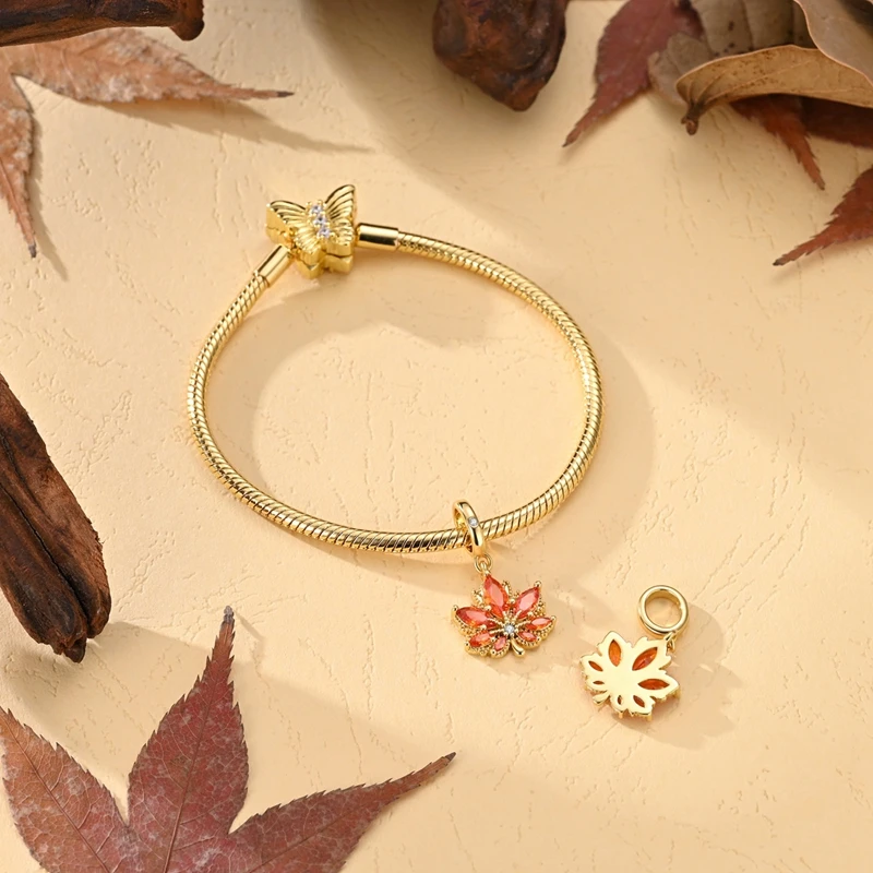 925 Sterling Silver Golden Sparkling Maple Leaf Charms Pendant For Women Fit Original Bracelet DIY Birthday Party Jewelry Gifts