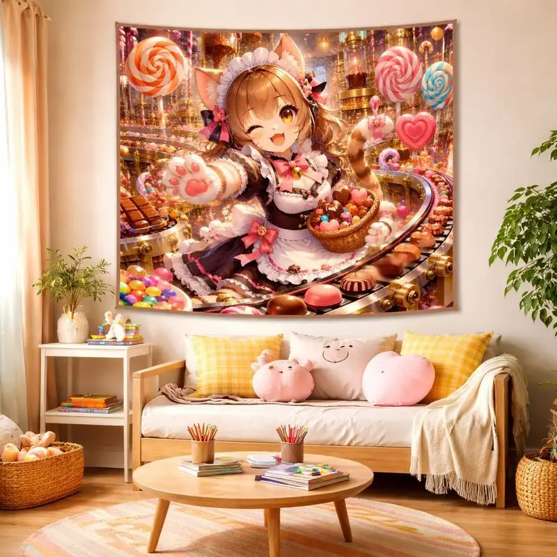 VIKAMA Cat Ear Maid Anime Tapestry, Kawaii Aesthetic Wall Hanging, Sweet Pastel Blanket for Girls Bedroom Dorm Decor